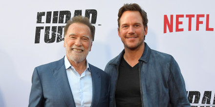 Arnold Schwarzenegger and Chris Pratt at the Los Angeles premiere of "Fubar" Season 2 at Netflix Tudum Theater on June 11, 2025.