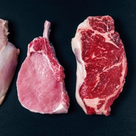 Raw meat (chicken breast, pork chop, and beef steak)